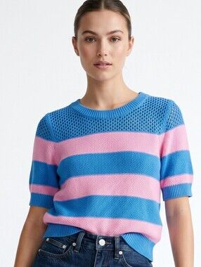 On 34th Striped Knit Short-Sleeve Sweater Top in Blue and Pink - Top ONLY